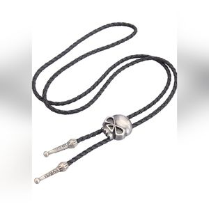 New silver skull leather bolo tie approximately 40"
